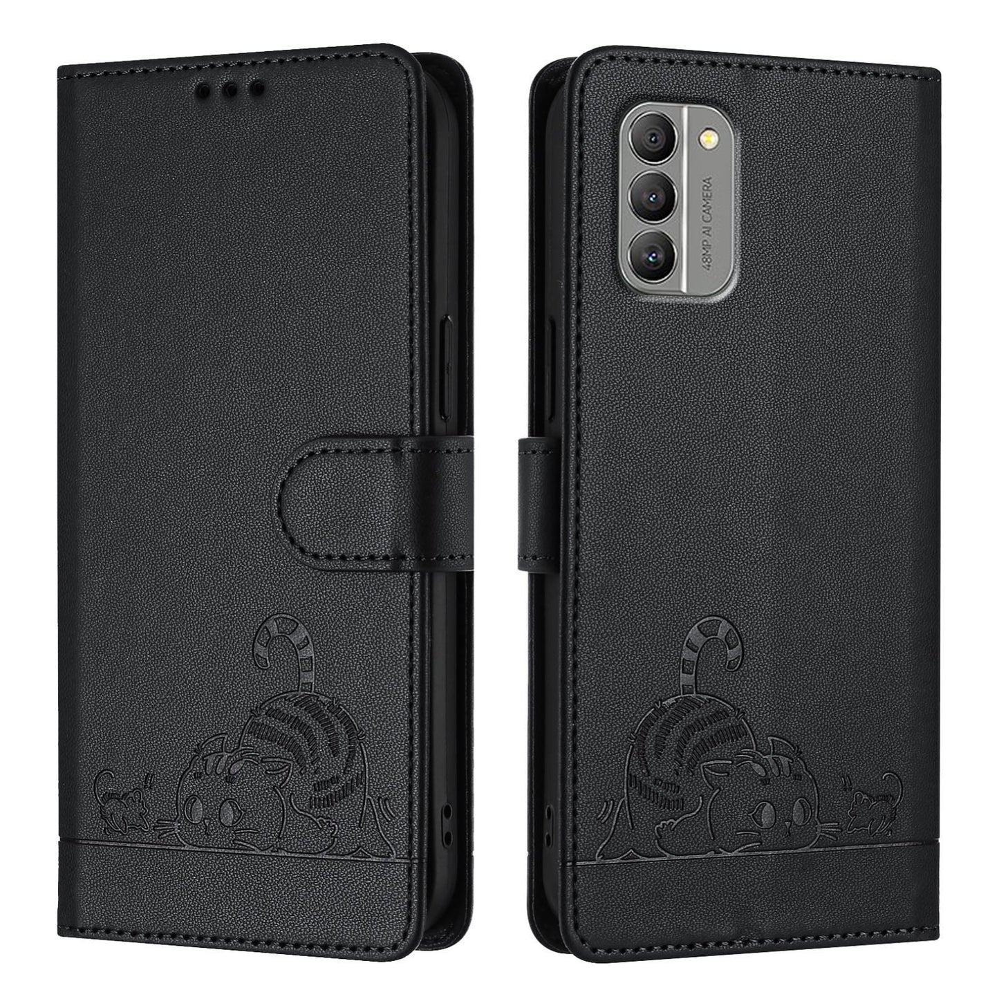 Nokia G400 Leather Phone Case with Cat and Rat Embossed Pattern, RFID Protection, Card Holder Slots, Anti-fall Feature & Lanyard