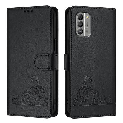 Nokia G400 Leather Phone Case with Cat and Rat Embossed Pattern, RFID Protection, Card Holder Slots, Anti-fall Feature & Lanyard