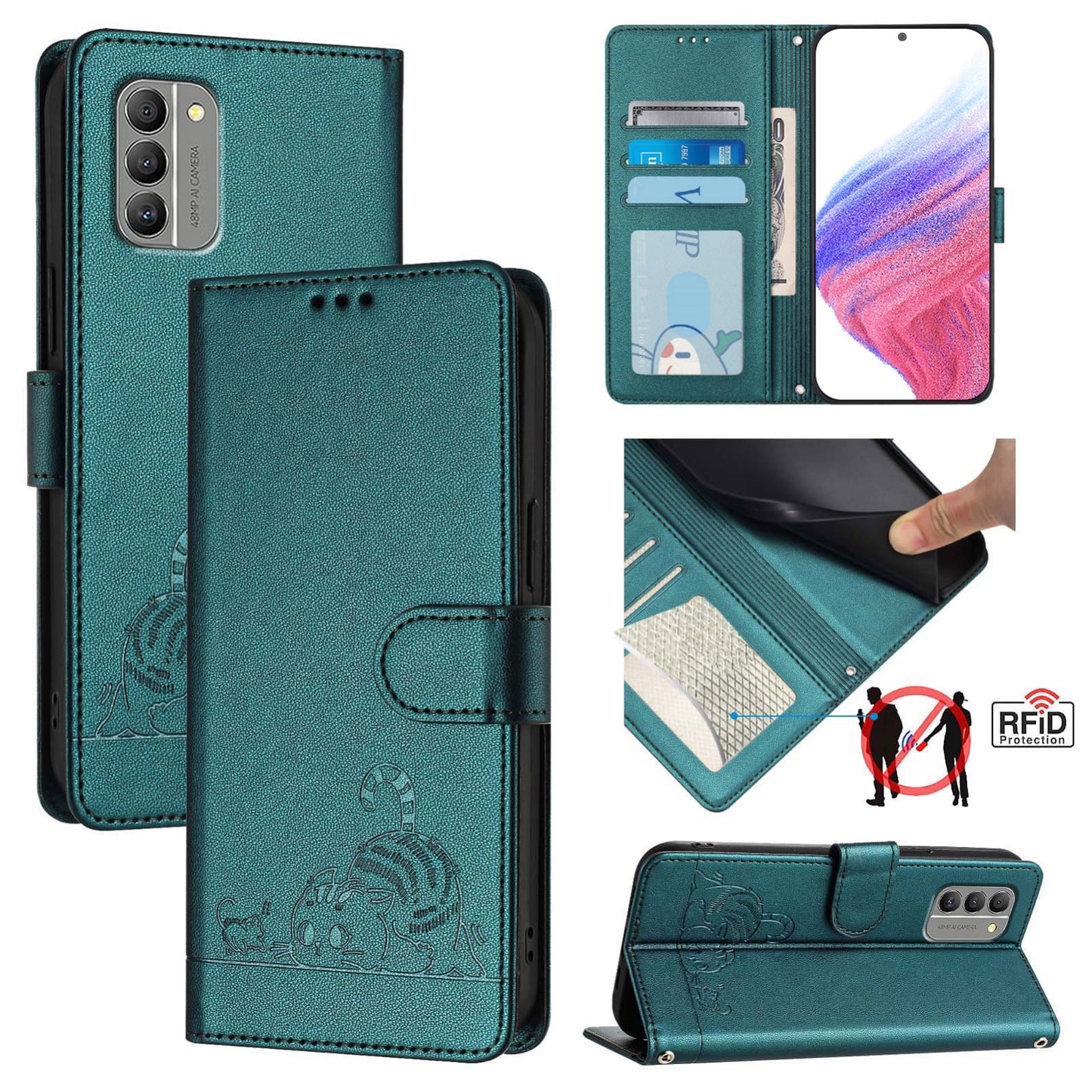 Nokia G400 Leather Phone Case with Cat and Rat Embossed Pattern, RFID Protection, Card Holder Slots, Anti-fall Feature & Lanyard