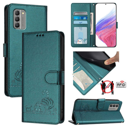 Nokia G400 Leather Phone Case with Cat and Rat Embossed Pattern, RFID Protection, Card Holder Slots, Anti-fall Feature & Lanyard