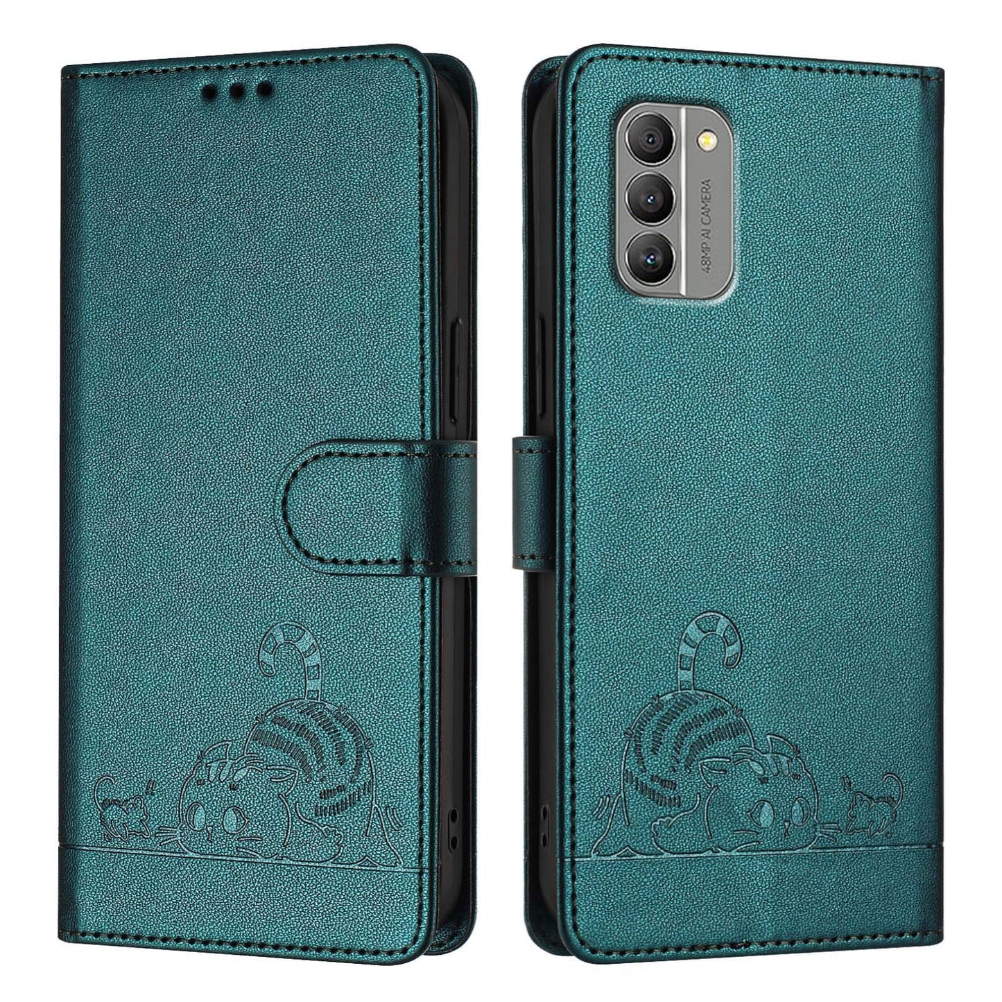 Nokia G400 Leather Phone Case with Cat and Rat Embossed Pattern, RFID Protection, Card Holder Slots, Anti-fall Feature & Lanyard