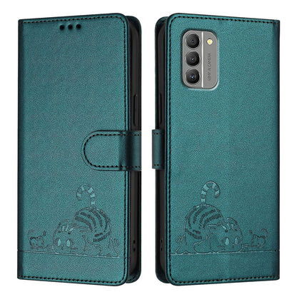 Nokia G400 Leather Phone Case with Cat and Rat Embossed Pattern, RFID Protection, Card Holder Slots, Anti-fall Feature & Lanyard