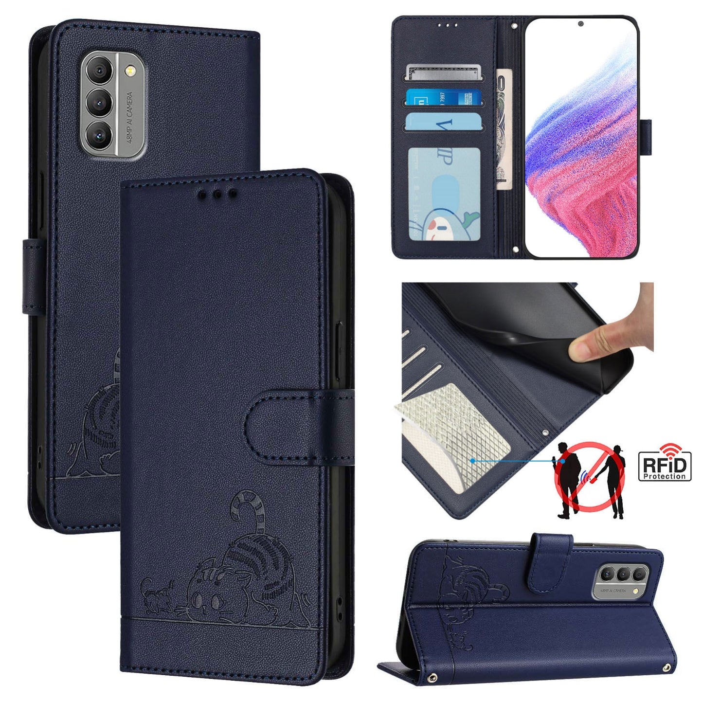 Nokia G400 Leather Phone Case with Cat and Rat Embossed Pattern, RFID Protection, Card Holder Slots, Anti-fall Feature & Lanyard