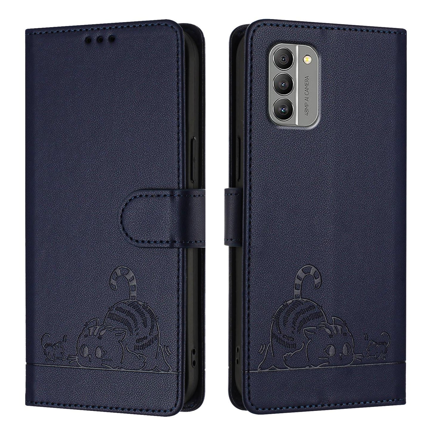 Nokia G400 Leather Phone Case with Cat and Rat Embossed Pattern, RFID Protection, Card Holder Slots, Anti-fall Feature & Lanyard