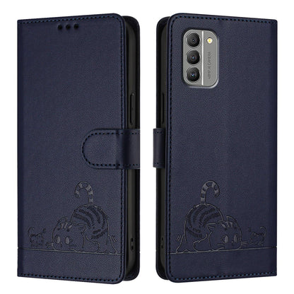 Nokia G400 Leather Phone Case with Cat and Rat Embossed Pattern, RFID Protection, Card Holder Slots, Anti-fall Feature & Lanyard