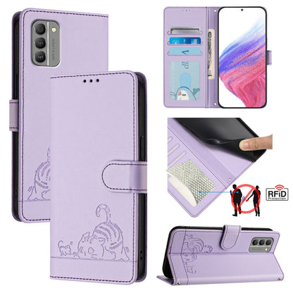 Nokia G400 Leather Phone Case with Cat and Rat Embossed Pattern, RFID Protection, Card Holder Slots, Anti-fall Feature & Lanyard