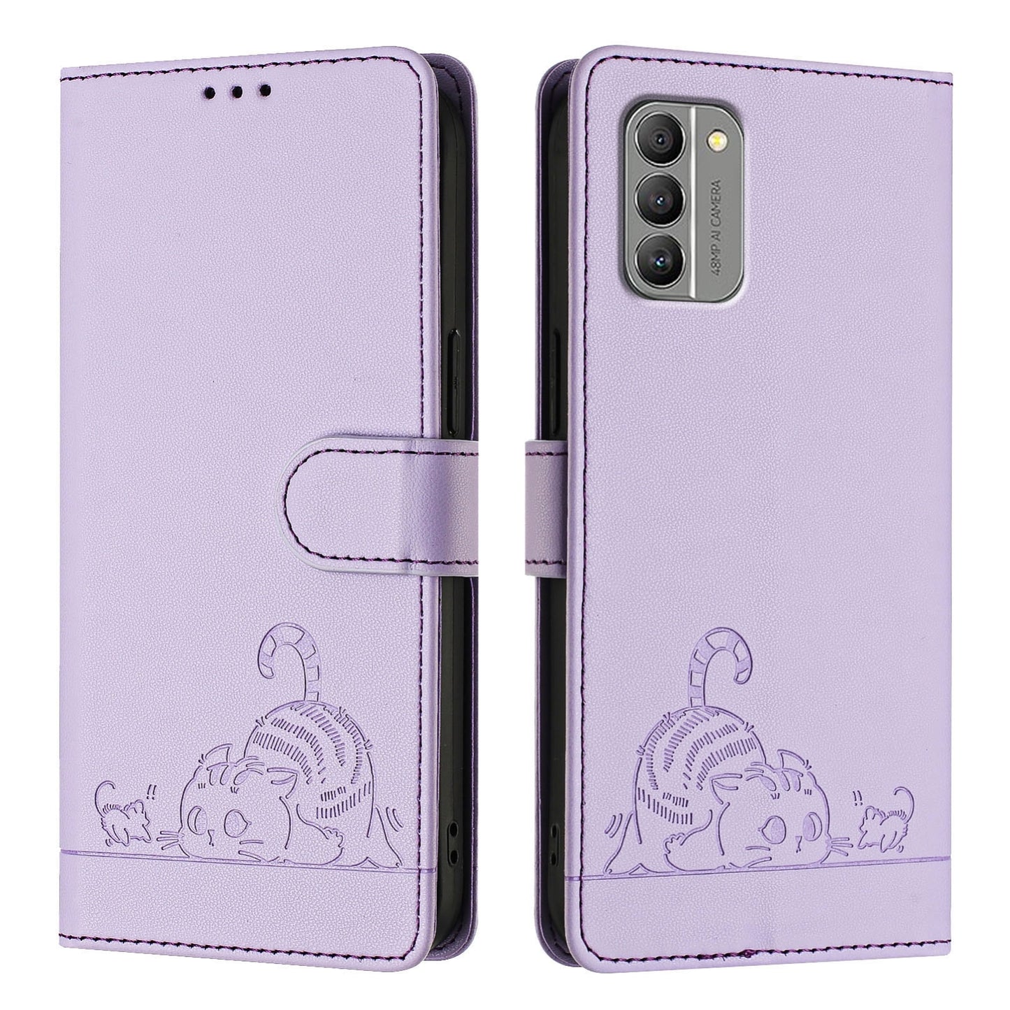 Nokia G400 Leather Phone Case with Cat and Rat Embossed Pattern, RFID Protection, Card Holder Slots, Anti-fall Feature & Lanyard