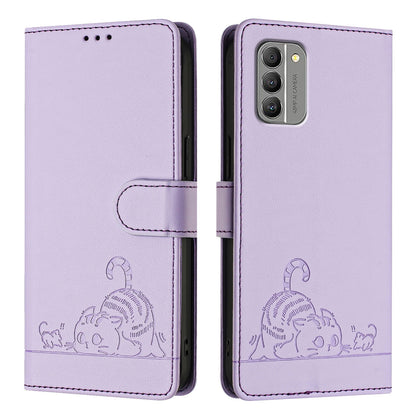 Nokia G400 Leather Phone Case with Cat and Rat Embossed Pattern, RFID Protection, Card Holder Slots, Anti-fall Feature & Lanyard