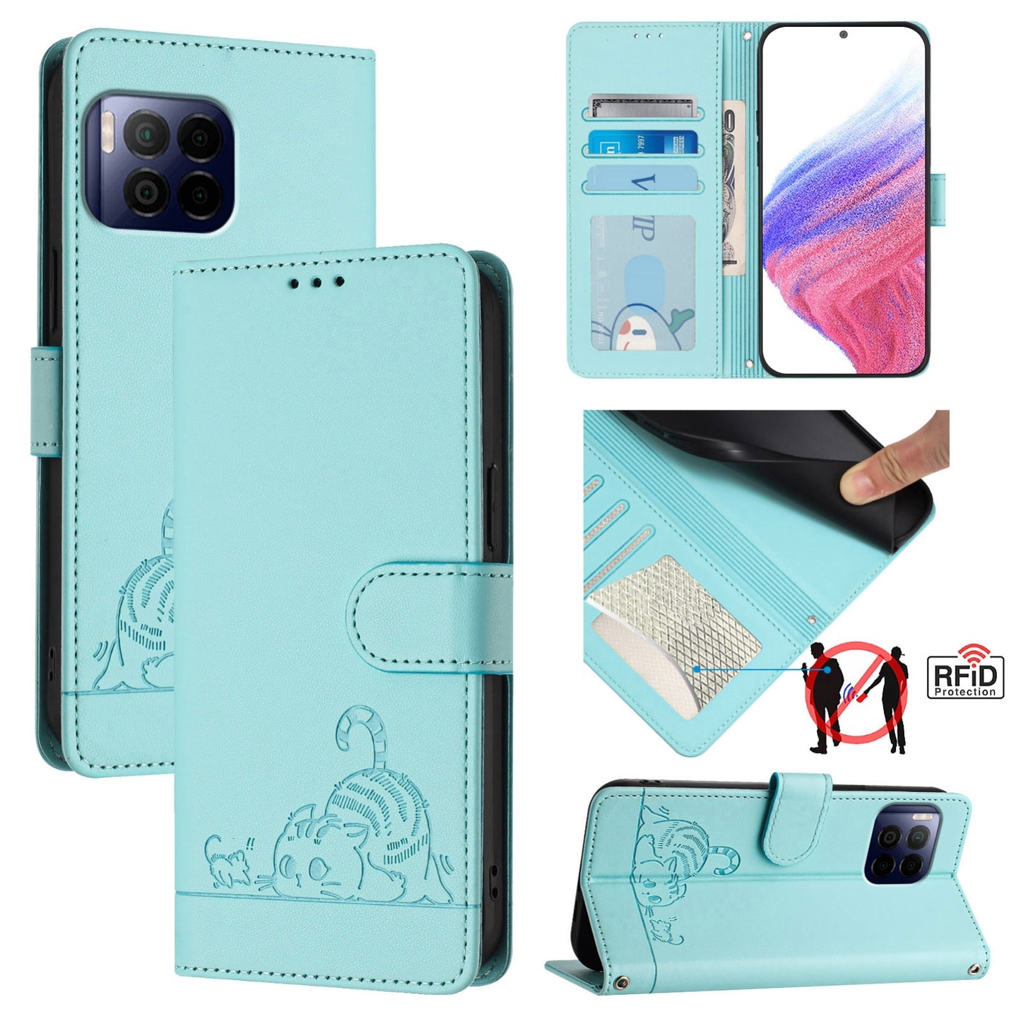 T-Mobile REVVL 7 Pro 5G Leather Phone Case with Cat and Rat Embossed Pattern, RFID Protection, Card Holder Slots, Anti-fall Feature & Lanyard