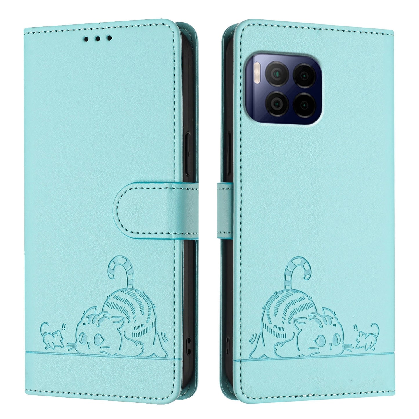 T-Mobile REVVL 7 Pro 5G Leather Phone Case with Cat and Rat Embossed Pattern, RFID Protection, Card Holder Slots, Anti-fall Feature & Lanyard