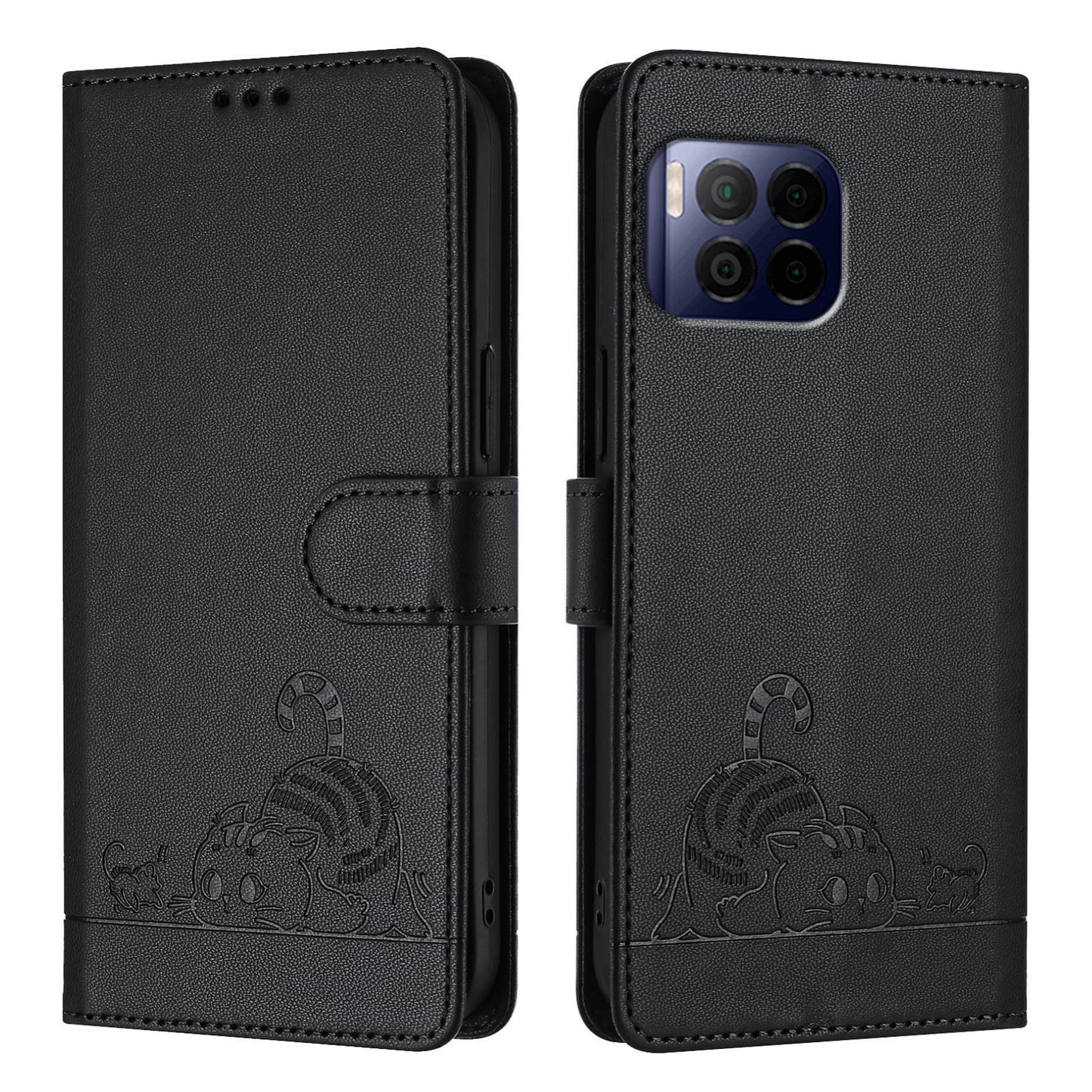 T-Mobile REVVL 7 Pro 5G Leather Phone Case with Cat and Rat Embossed Pattern, RFID Protection, Card Holder Slots, Anti-fall Feature & Lanyard