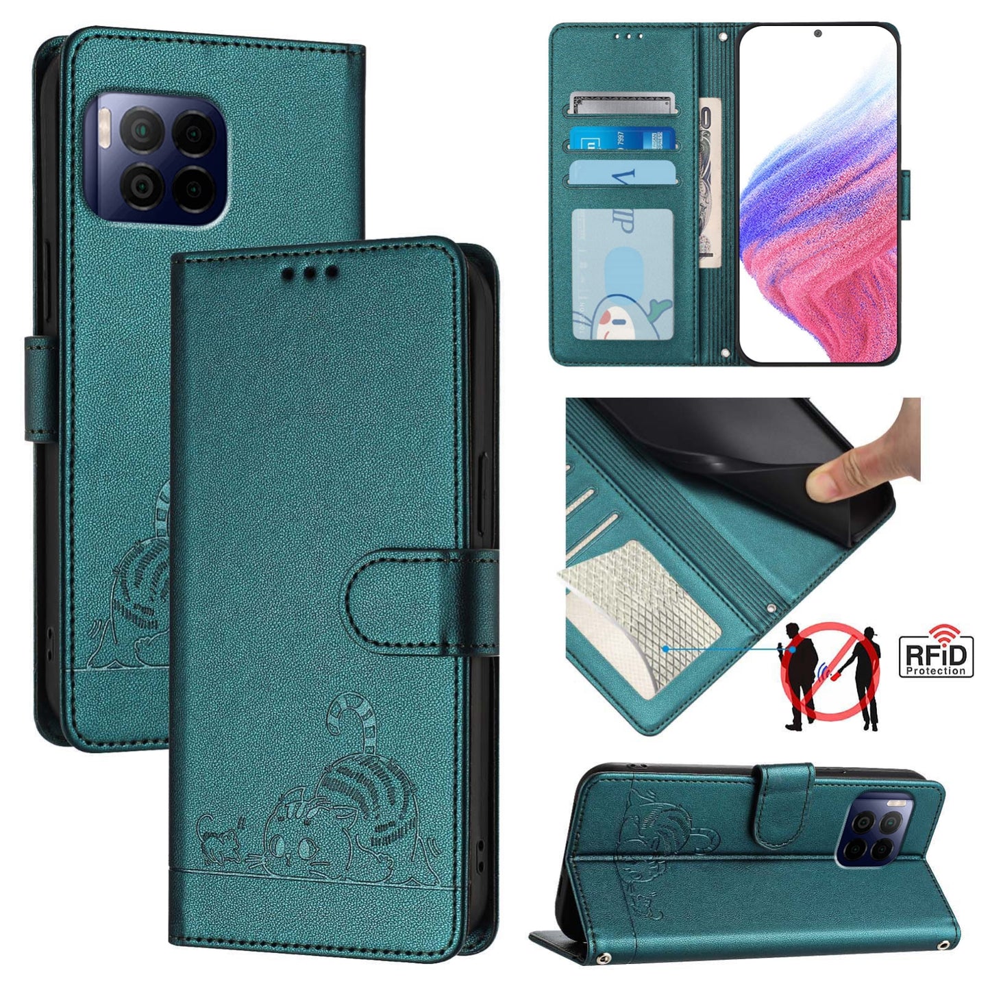 T-Mobile REVVL 7 Pro 5G Leather Phone Case with Cat and Rat Embossed Pattern, RFID Protection, Card Holder Slots, Anti-fall Feature & Lanyard