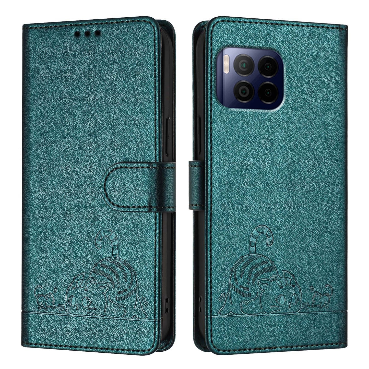 T-Mobile REVVL 7 Pro 5G Leather Phone Case with Cat and Rat Embossed Pattern, RFID Protection, Card Holder Slots, Anti-fall Feature & Lanyard