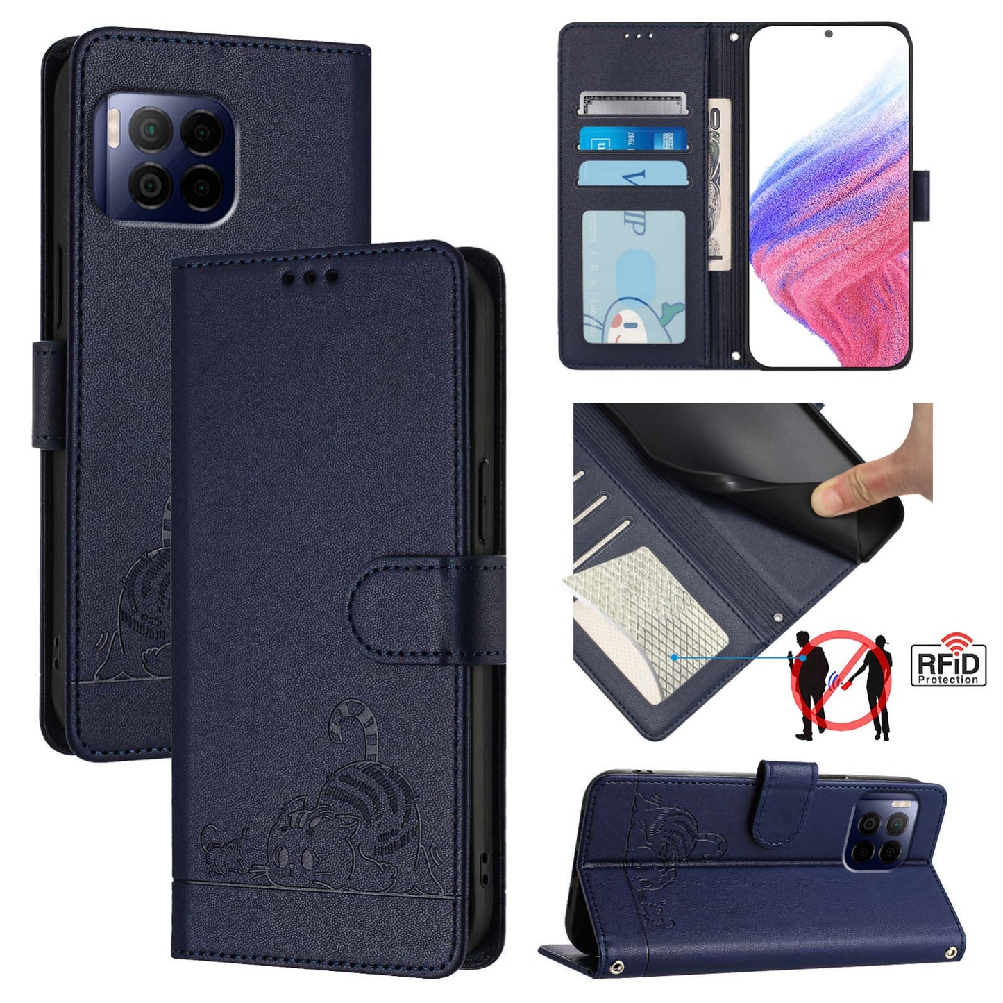 T-Mobile REVVL 7 Pro 5G Leather Phone Case with Cat and Rat Embossed Pattern, RFID Protection, Card Holder Slots, Anti-fall Feature & Lanyard
