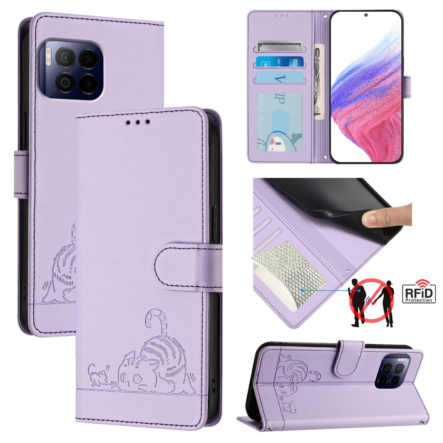 T-Mobile REVVL 7 Pro 5G Leather Phone Case with Cat and Rat Embossed Pattern, RFID Protection, Card Holder Slots, Anti-fall Feature & Lanyard