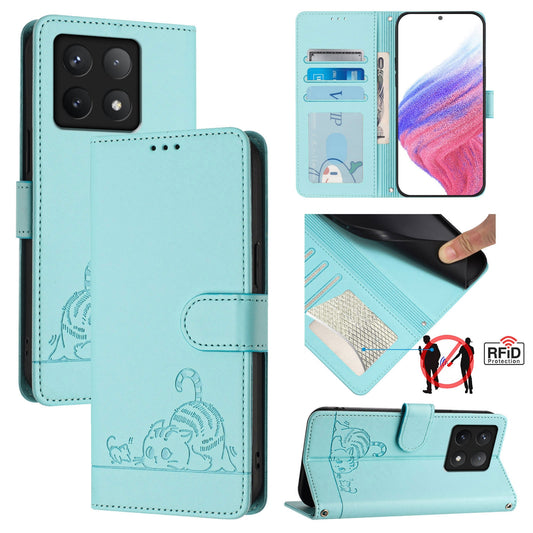 Xiaomi 14T Leather Phone Case with Cat and Rat Embossed Pattern, RFID Protection, Card Holder Slots, Anti-fall Feature & Lanyard