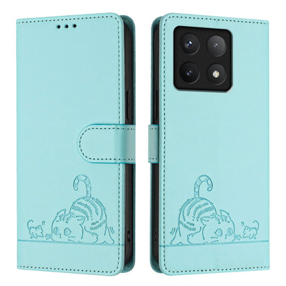 Xiaomi 14T Leather Phone Case with Cat and Rat Embossed Pattern, RFID Protection, Card Holder Slots, Anti-fall Feature & Lanyard