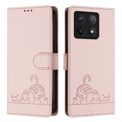 Xiaomi 14T Leather Phone Case with Cat and Rat Embossed Pattern, RFID Protection, Card Holder Slots, Anti-fall Feature & Lanyard