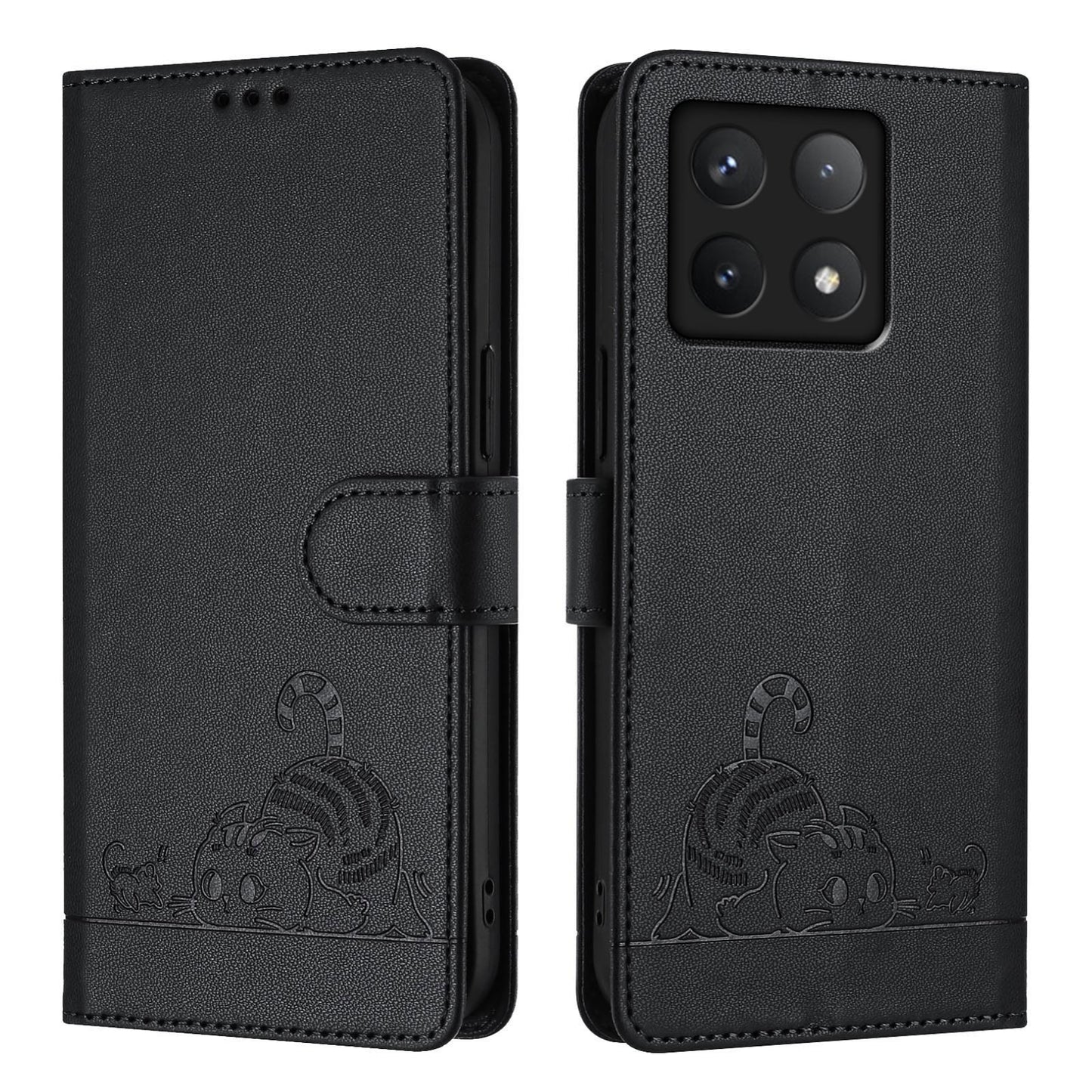 Xiaomi 14T Leather Phone Case with Cat and Rat Embossed Pattern, RFID Protection, Card Holder Slots, Anti-fall Feature & Lanyard