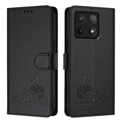 Xiaomi 14T Leather Phone Case with Cat and Rat Embossed Pattern, RFID Protection, Card Holder Slots, Anti-fall Feature & Lanyard