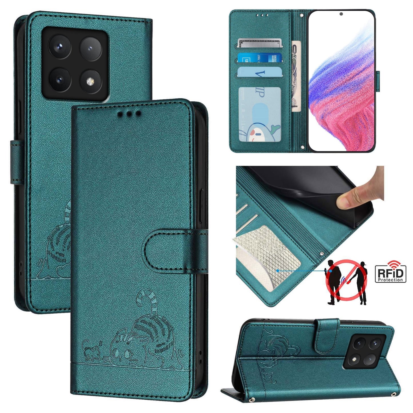 Xiaomi 14T Leather Phone Case with Cat and Rat Embossed Pattern, RFID Protection, Card Holder Slots, Anti-fall Feature & Lanyard