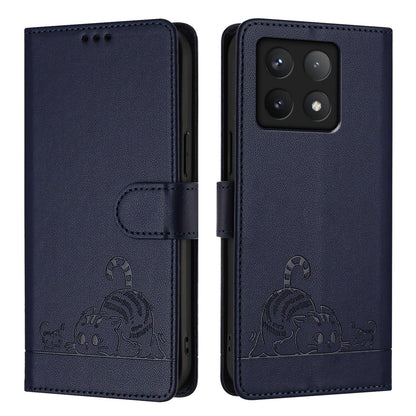 Xiaomi 14T Leather Phone Case with Cat and Rat Embossed Pattern, RFID Protection, Card Holder Slots, Anti-fall Feature & Lanyard