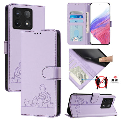 Xiaomi 14T Leather Phone Case with Cat and Rat Embossed Pattern, RFID Protection, Card Holder Slots, Anti-fall Feature & Lanyard