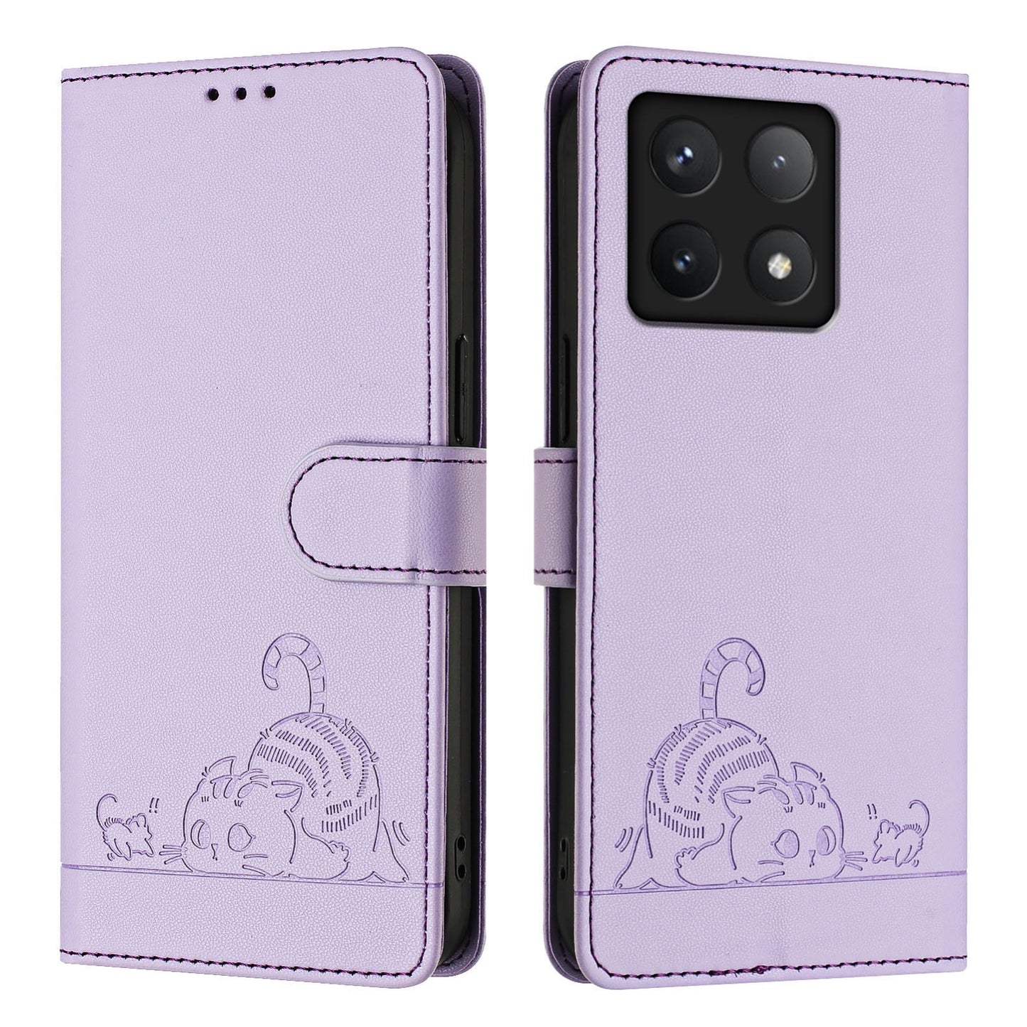 Xiaomi 14T Leather Phone Case with Cat and Rat Embossed Pattern, RFID Protection, Card Holder Slots, Anti-fall Feature & Lanyard