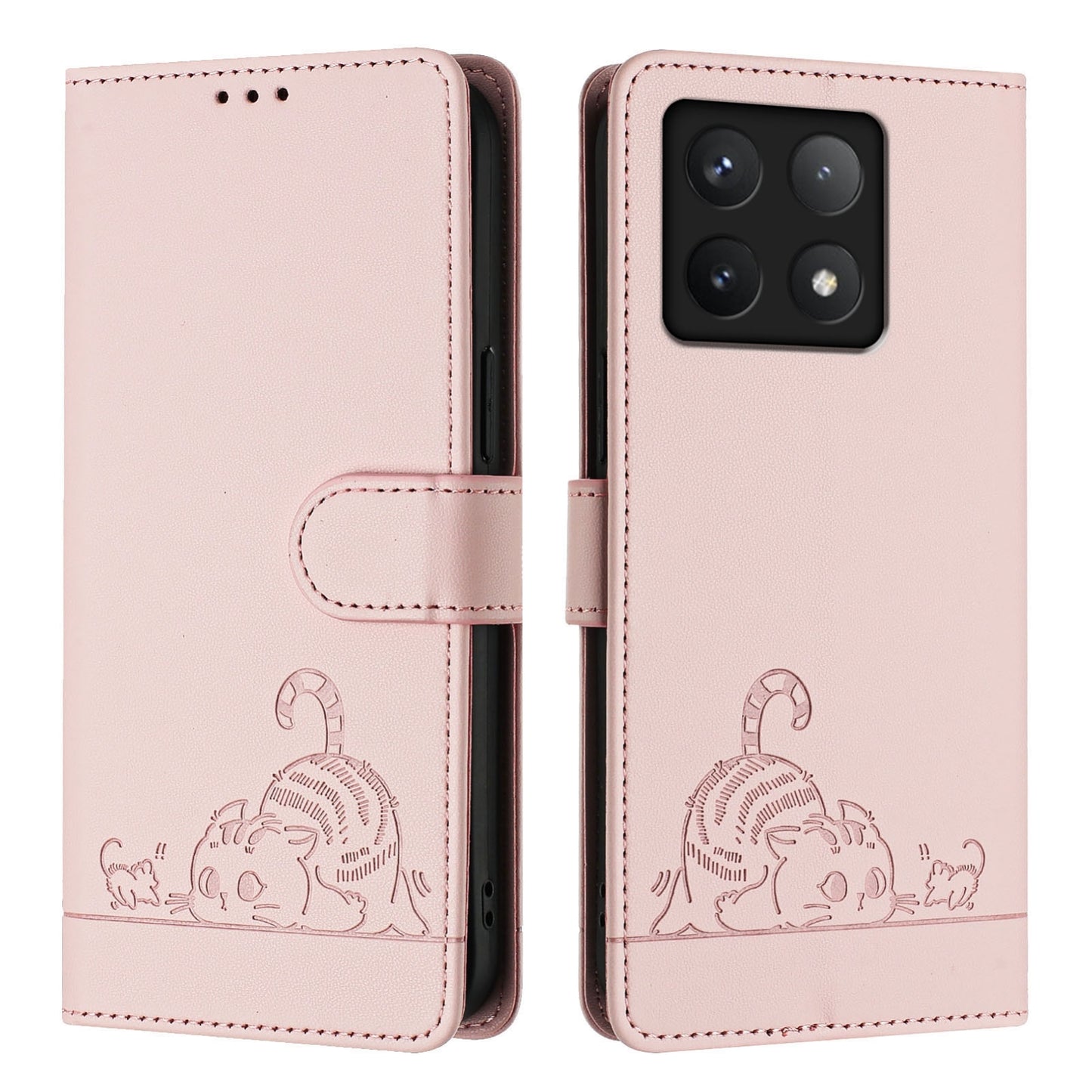 Xiaomi 14T Pro Leather Phone Case with Cat and Rat Embossed Pattern, RFID Protection, Card Holder Slots, Anti-fall Feature & Lanyard