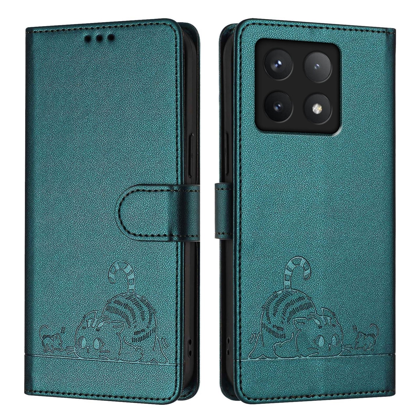 Xiaomi 14T Pro Leather Phone Case with Cat and Rat Embossed Pattern, RFID Protection, Card Holder Slots, Anti-fall Feature & Lanyard