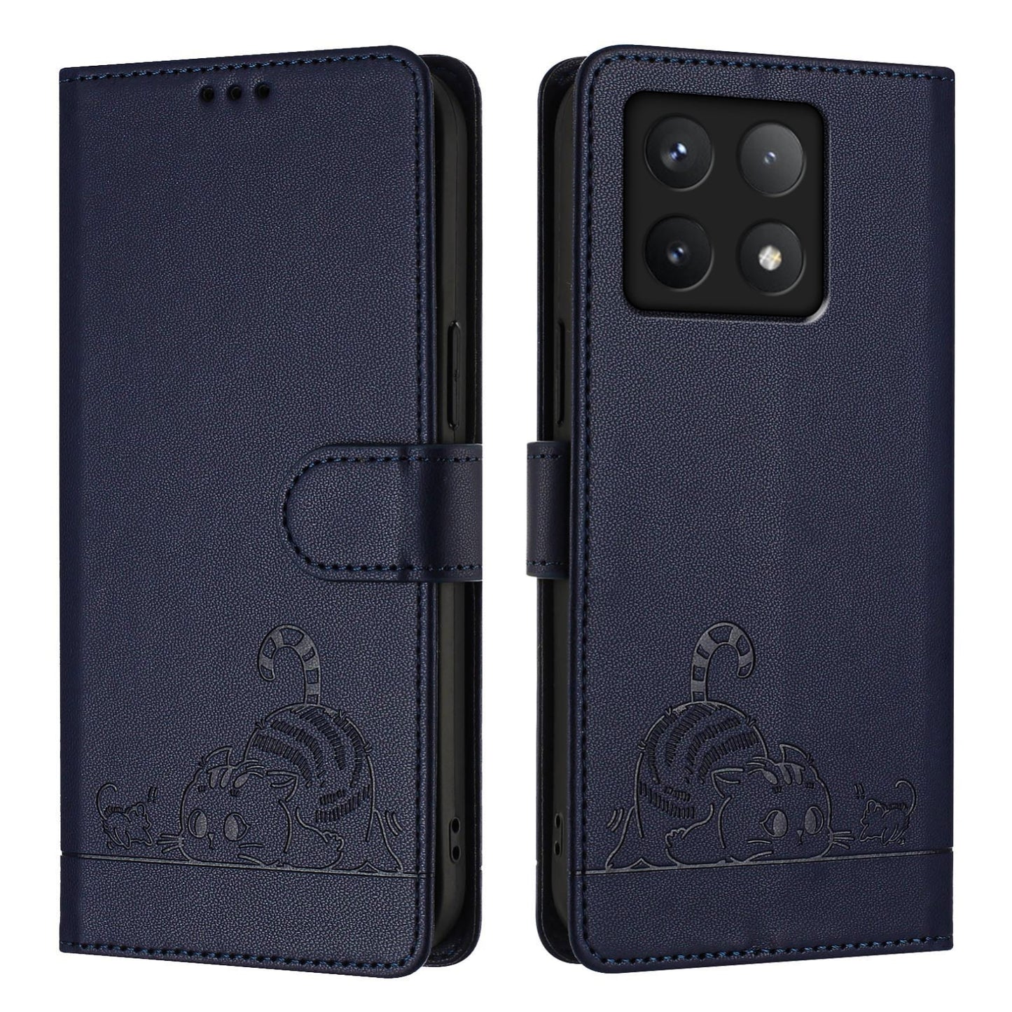 Xiaomi 14T Pro Leather Phone Case with Cat and Rat Embossed Pattern, RFID Protection, Card Holder Slots, Anti-fall Feature & Lanyard